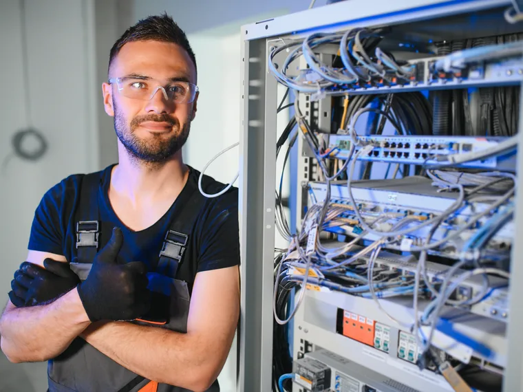 Tecnico IBT Informatica accanto al rack server di un'azienda