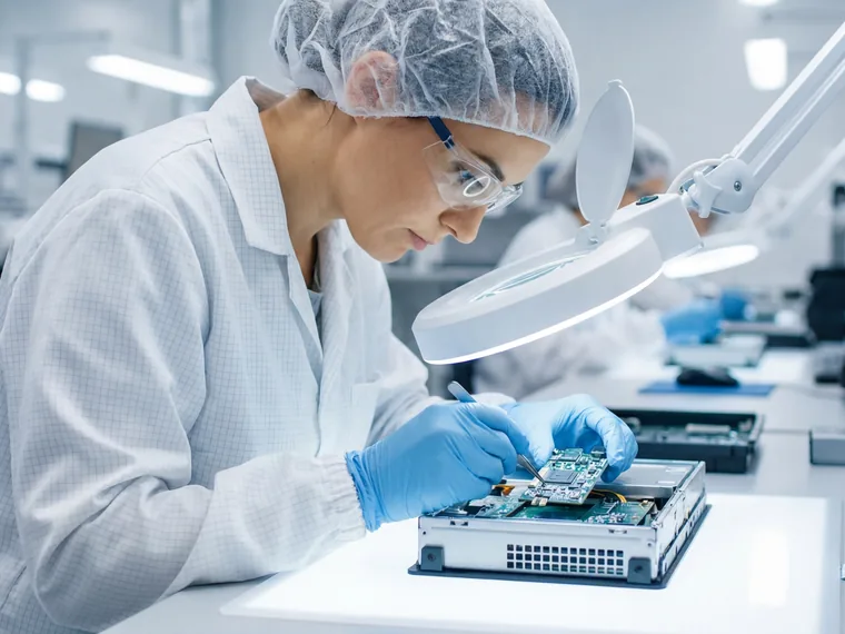 Tecnica ripara la scheda di un hard disk in laboratorio a Treviso